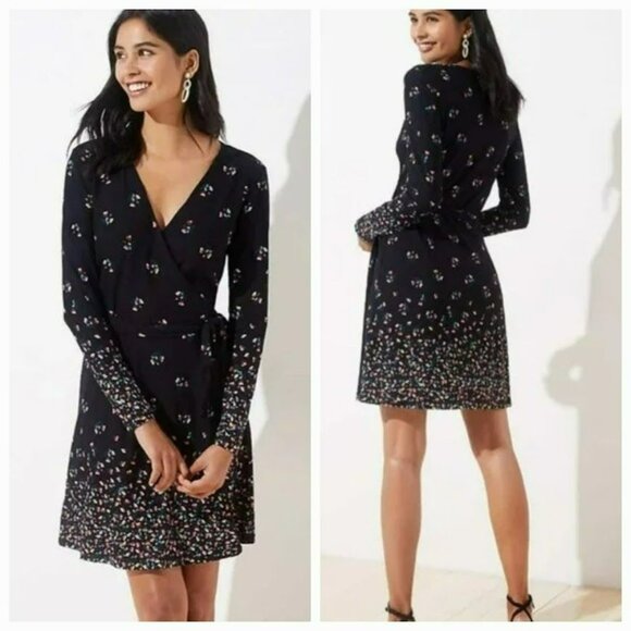 Loft Petites True Wrap Dress SP Black Colorful Floral Petaled Long Sleeve New - Picture 12 of 12
